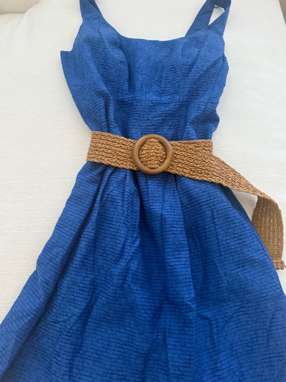 Royal Blue Summer Party Dress with Woven Tan Belt
